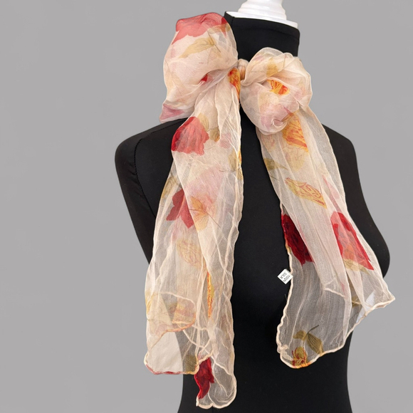 Vintage Accessories - 1950s Sheer Silk Floral Scarf Cream Red Yellow Rose